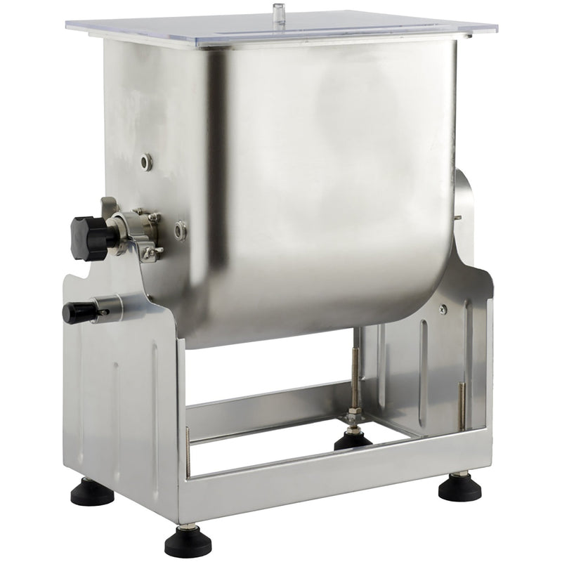 LEM 1869 Big Bite 25 lb tilting meat mixer attachment, stainless steel tub with lid on a steel frame, front view
