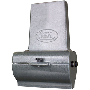 LEM 433TJ Big Bite 2 in 1 slicer tenderizer attachment, grey hammertone housing with feed chute, front view