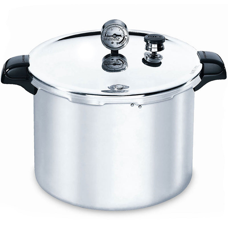 LEM 16 quart aluminum pressure canner with locking lid, pressure gauge and black side handles, front view