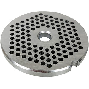 LEM size 8 meat grinder plate with 3 mm holes, stainless steel fine grind plate with notched rim, top view