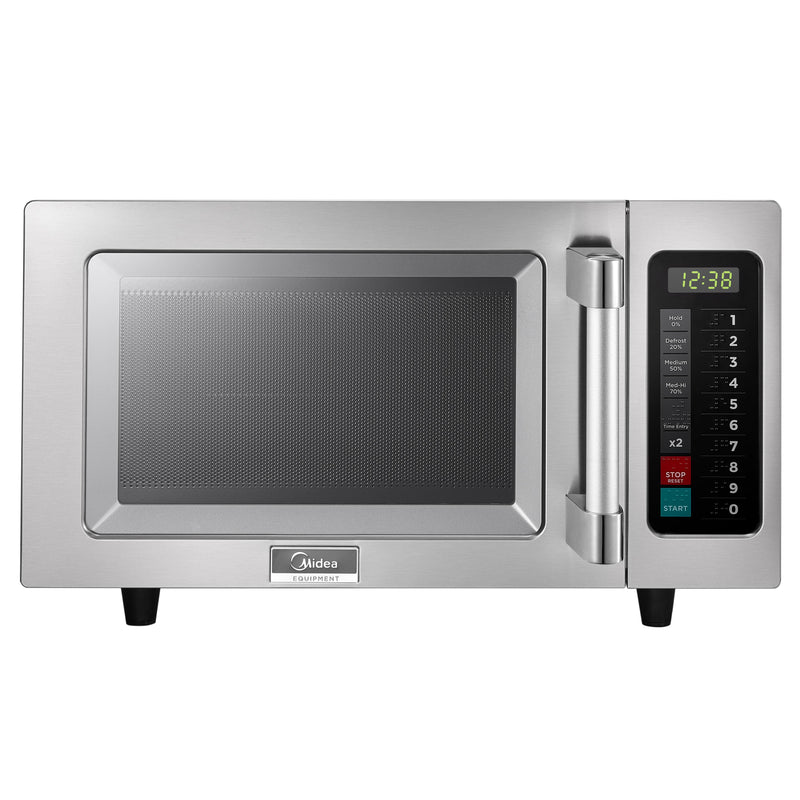 Midea 1025F1A commercial touchpad microwave, 1000W, stainless steel with glass door and black keypad, front view