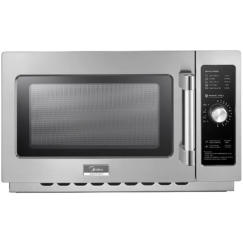 Midea 1034N0A commercial dial timer microwave with filter, 1000W, stainless steel with dial timer, front view
