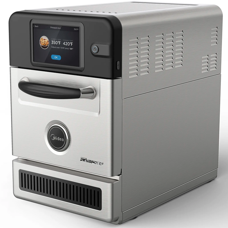 Midea G1 Flashchef high speed oven in stainless steel with black touchscreen controls and closed door, angled view