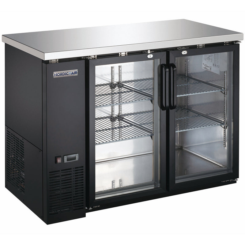Nordic Air 49-inch shallow two door back bar cooler, black exterior with swinging glass doors and stainless top