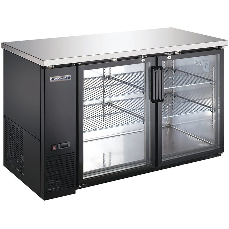 Nordic Air 59-inch deep two door back bar cooler, black exterior with glass doors and stainless steel top