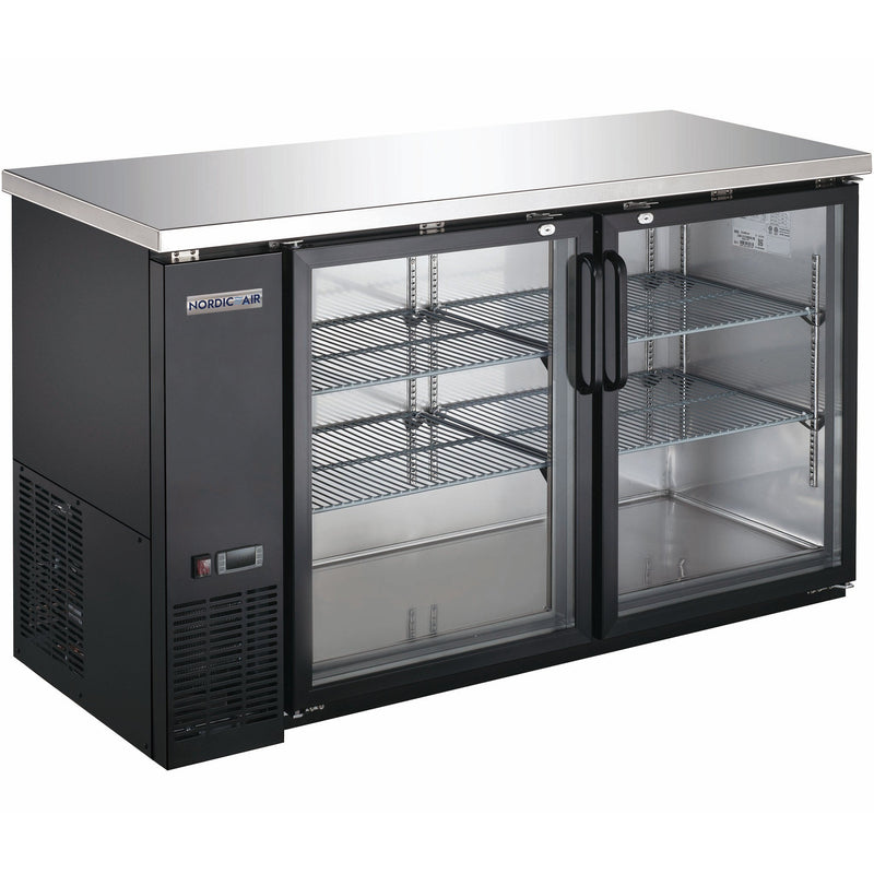 Nordic Air 61-inch shallow two door back bar cooler, black exterior with swinging glass doors and stainless top
