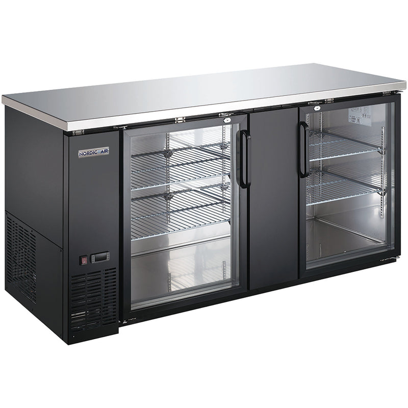 Nordic Air 69-inch deep two door back bar cooler, black exterior with glass doors and stainless steel top