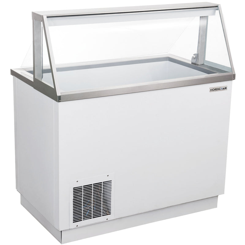 Nordic Air IDF-47 47-inch white ice cream dipping freezer with glass sneeze guard and front vent, angled view
