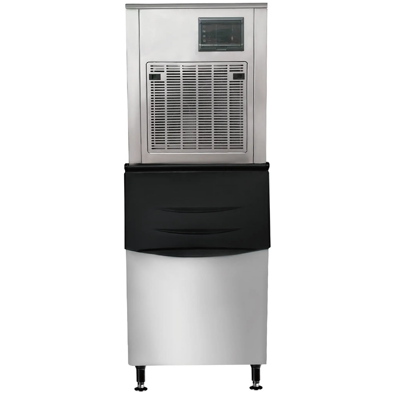 Nordic Air NIM-550F flake ice machine, stainless steel modular ice head mounted on a storage bin with black door