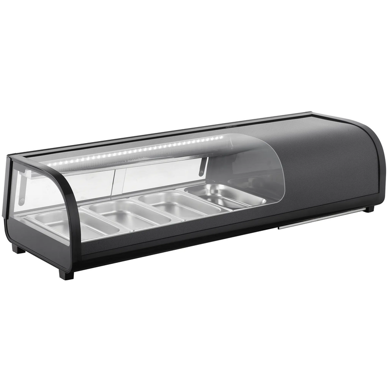 Nordic Air NSU-48 47-inch black refrigerated sushi showcase with curved glass cover and stainless steel pans