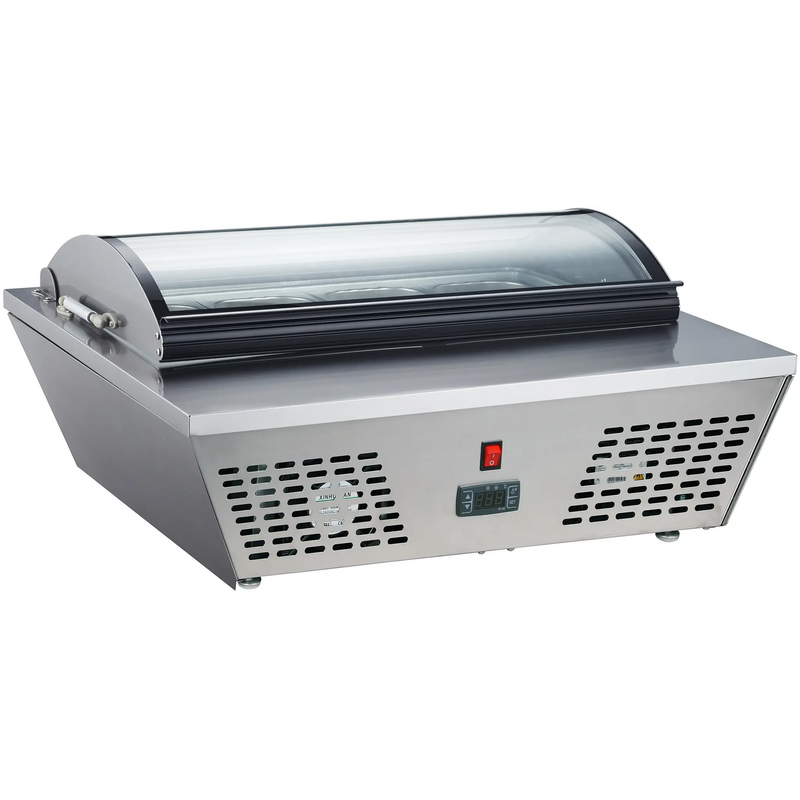 Nordic Air NTR-30 30-inch stainless steel refrigerated topping rail with curved glass sneeze guard cover closed