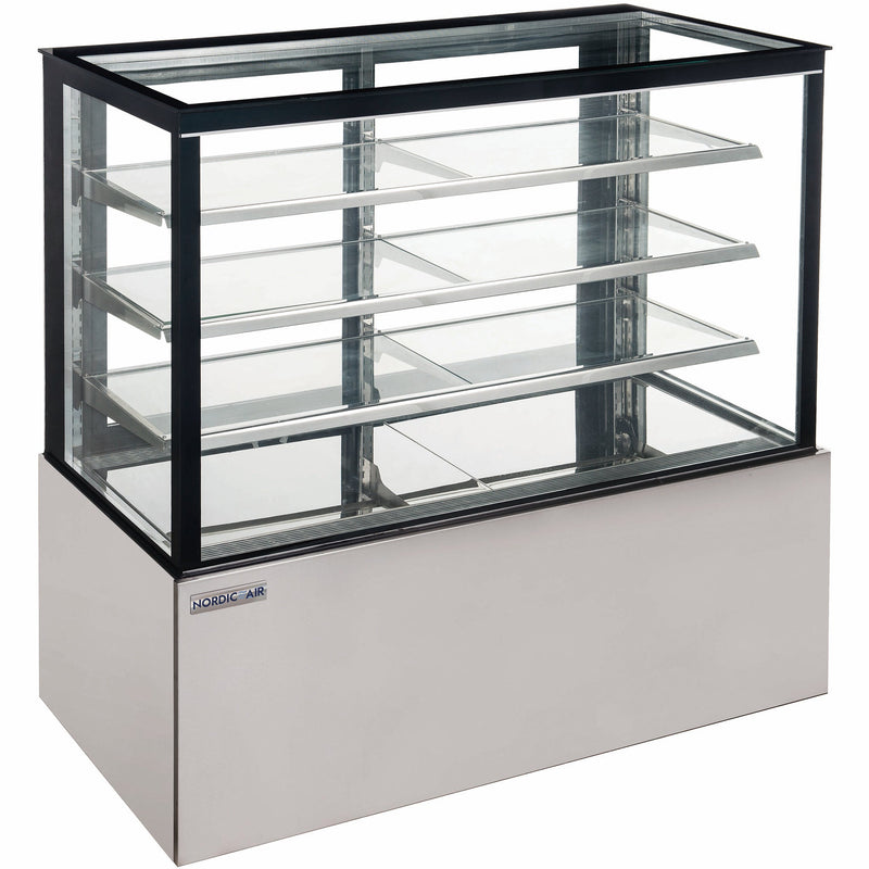 Nordic Air PD-35-3 36-inch square glass three tier refrigerated pastry display case with stainless steel base