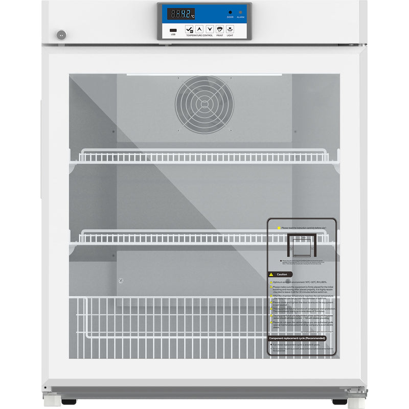 Nordic Air PHR-130L white biomedical pharmacy refrigerator with glass door, wire shelves and drawer, front view