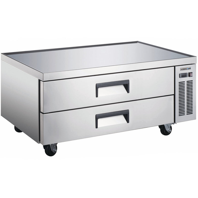 Nordic Air RCB-48 48-inch stainless steel refrigerated chef base with two drawers for 4-inch deep pans, on casters