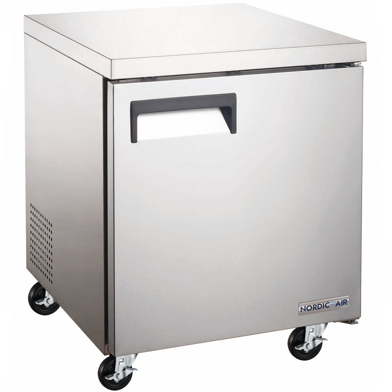 Nordic Air UCR-27 27-inch single door stainless steel refrigerated undercounter work table on casters, angled view