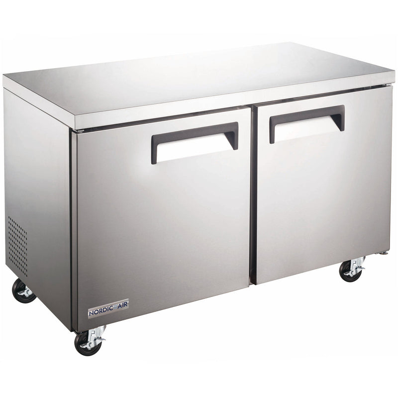 Nordic Air UCR-47 47-inch two door stainless steel refrigerated undercounter work table on casters, angled view