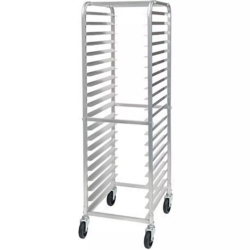 Phoenix ALRK-20 aluminum welded 20-tier sheet pan rack with 3-inch spacing and casters, empty front view