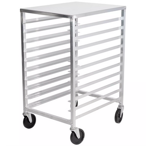 Phoenix ALRK10T aluminum welded 10-tier sheet pan rack with solid top and casters, angled front view