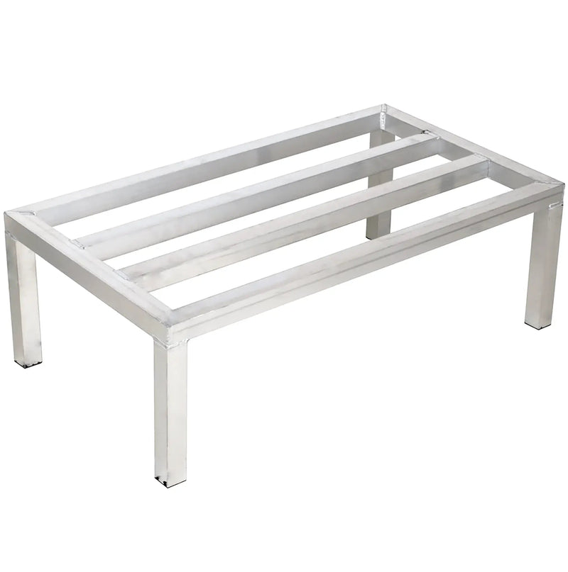 Phoenix aluminum dunnage rack with welded slatted top and square legs, angled front view of the silver floor rack