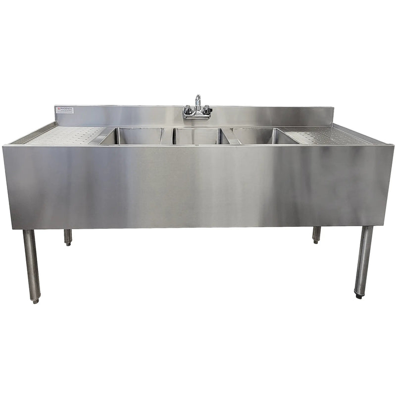 Phoenix BAR-3C-60LR 60-inch stainless steel three compartment bar sink with faucet and backsplash, angled view