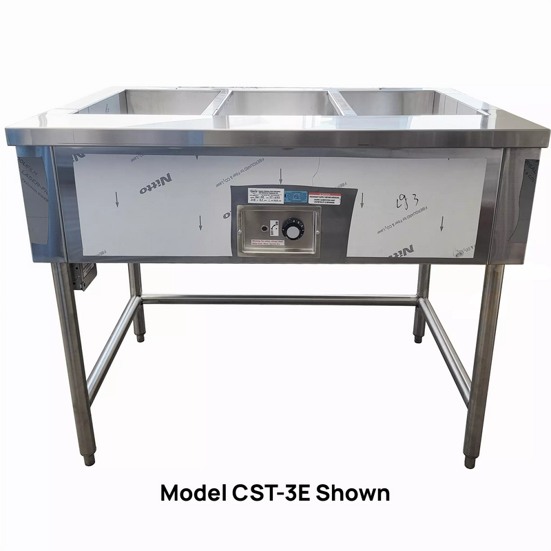 Phoenix CST-6E economy six well stainless steel steam table on open leg stand, angled front view, model CST-3E shown