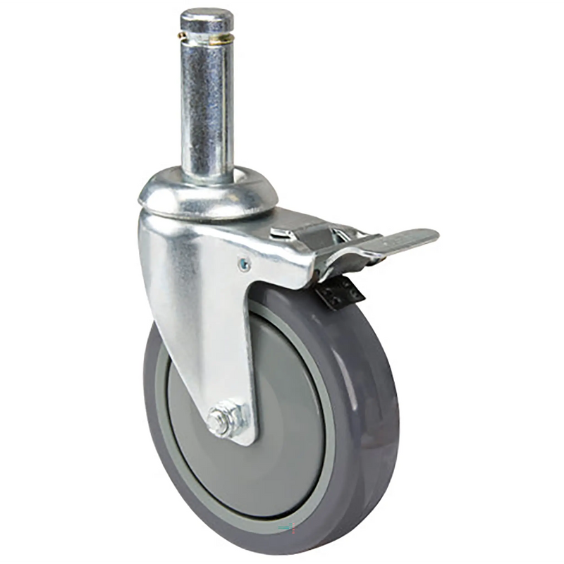 Phoenix caster for wire shelving, grey polyurethane wheel with grip ring stem and brake, angled view