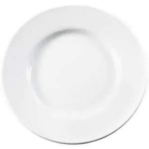 Phoenix white ceramic wide rim plate, top-down view showing the broad flat rim and round centre well