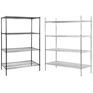 Phoenix 72-inch high four shelf wire shelving kits in black epoxy and chrome, shown side by side, front view
