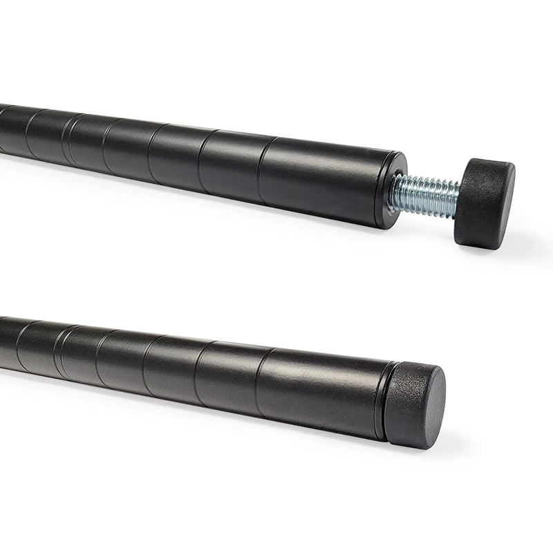 Phoenix black epoxy wire shelf poles, close-up of the grooved posts and threaded leveling feet