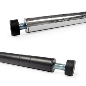 Phoenix wire shelf poles in chrome and black epoxy finishes with adjustable leveling feet, close-up