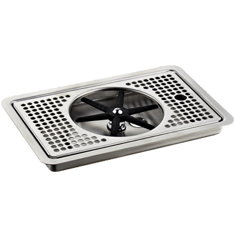 Phoenix GRDI-145 glass rinser with drain, black star rinser set in a stainless steel perforated drip tray