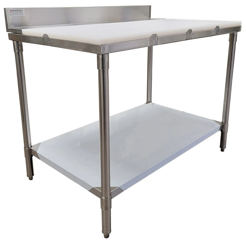 Phoenix heavy duty 16 gauge stainless steel butcher table with 1-inch white cutting board top and undershelf, angled