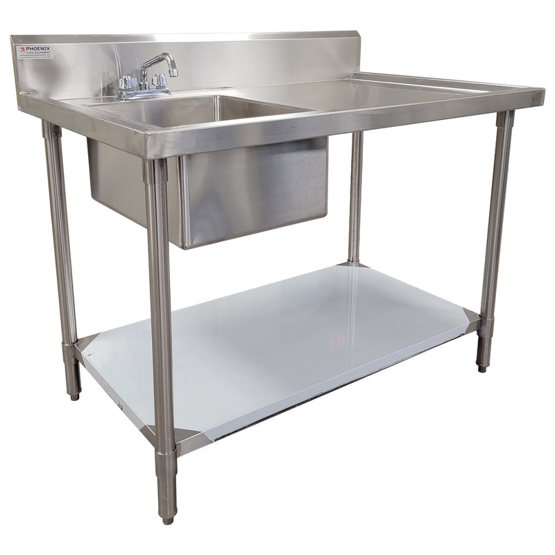 Phoenix heavy duty 16 gauge stainless steel sink table with left-side sink bowl, faucet and undershelf, angled view