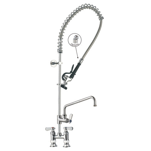 Phoenix heavy duty deck mount pre-rinse faucet with spring spray arm, wall bracket and add-on swing neck spout
