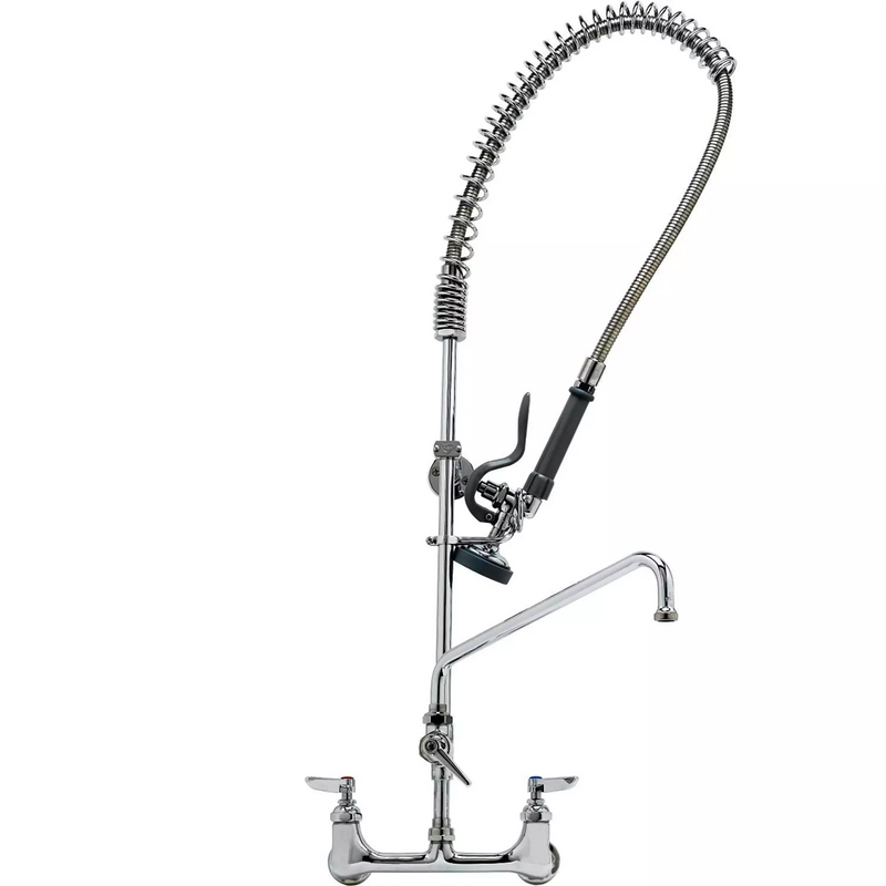 Phoenix heavy duty pre-rinse faucet with add on swing neck, wall mount chrome unit with spring hose and spray valve