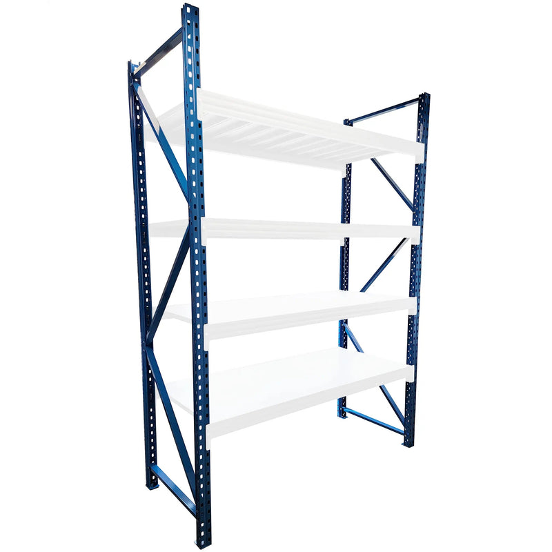Phoenix heavy duty storage rack frame only, blue powder coated steel upright frame, shown assembled with white shelf layers