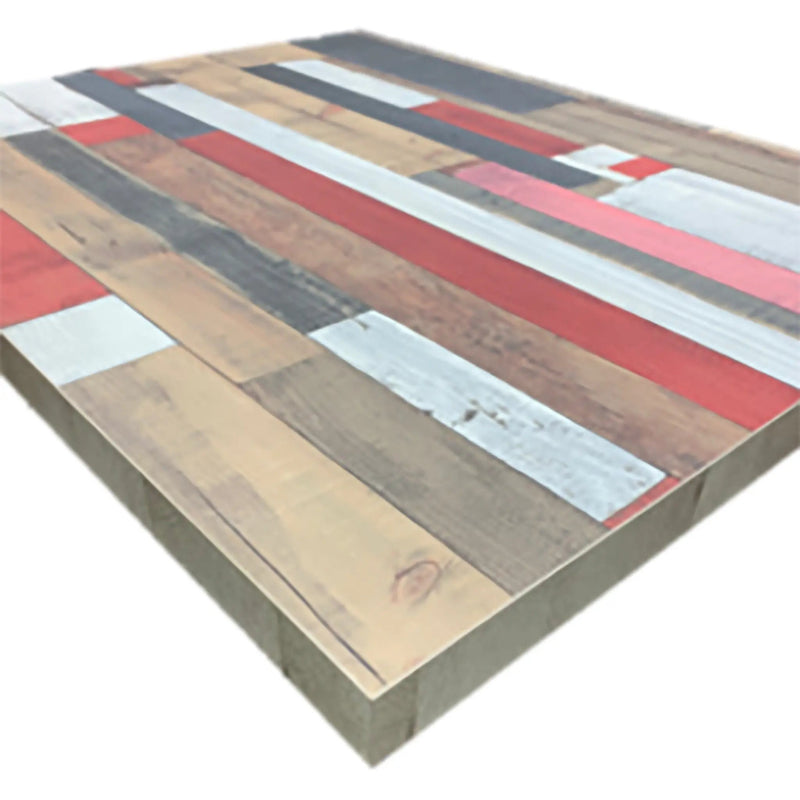 Phoenix high quality table top in patch wood design with red, white, grey and brown plank-style panels, angled view