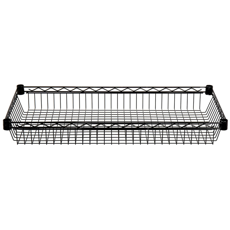 Phoenix individual wire shelf basket in black epoxy coated wire, open-top shelving basket, angled view
