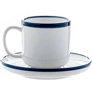 Phoenix Milford espresso cup with saucer, white ceramic with dark blue rim bands, cup resting on the saucer