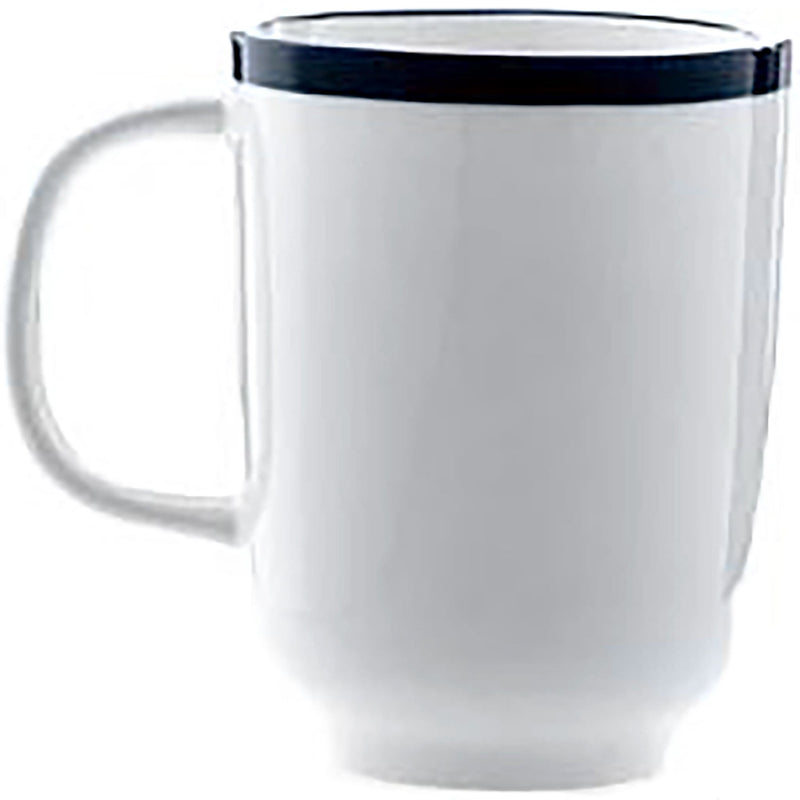Phoenix Milford mug, tall white ceramic mug with a dark blue rim band and loop handle, close-up side view