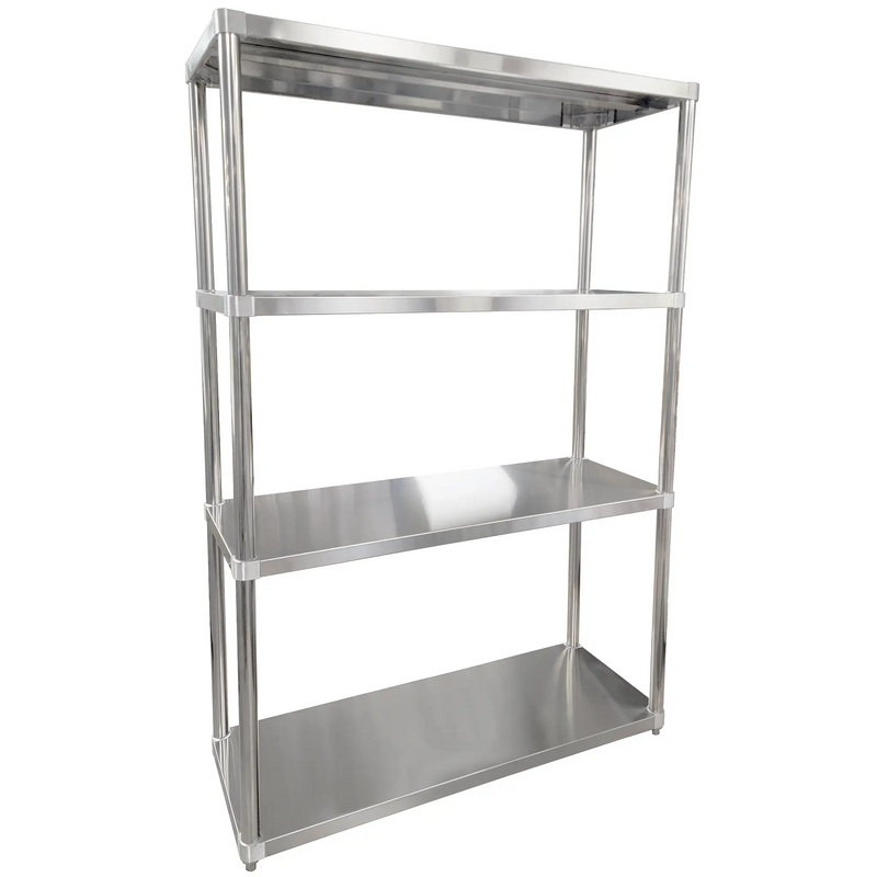Phoenix stainless steel 4 tier free standing shelf with flat shelves and round legs, angled front view