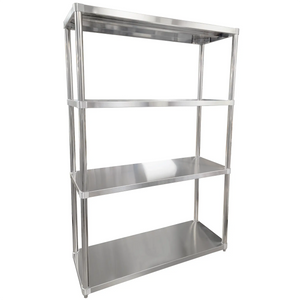 Phoenix stainless steel 4 tier free standing shelf with flat shelves and round legs, angled front view