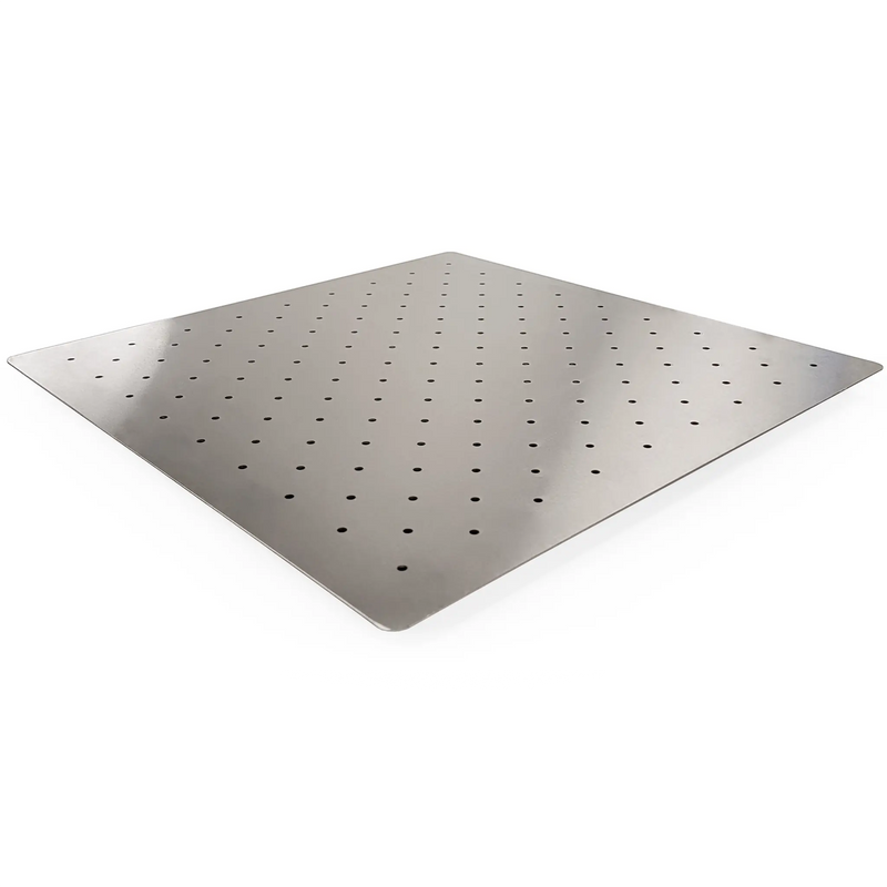 Phoenix stainless steel sink drain plate, square perforated plate with evenly spaced drainage holes, angled view