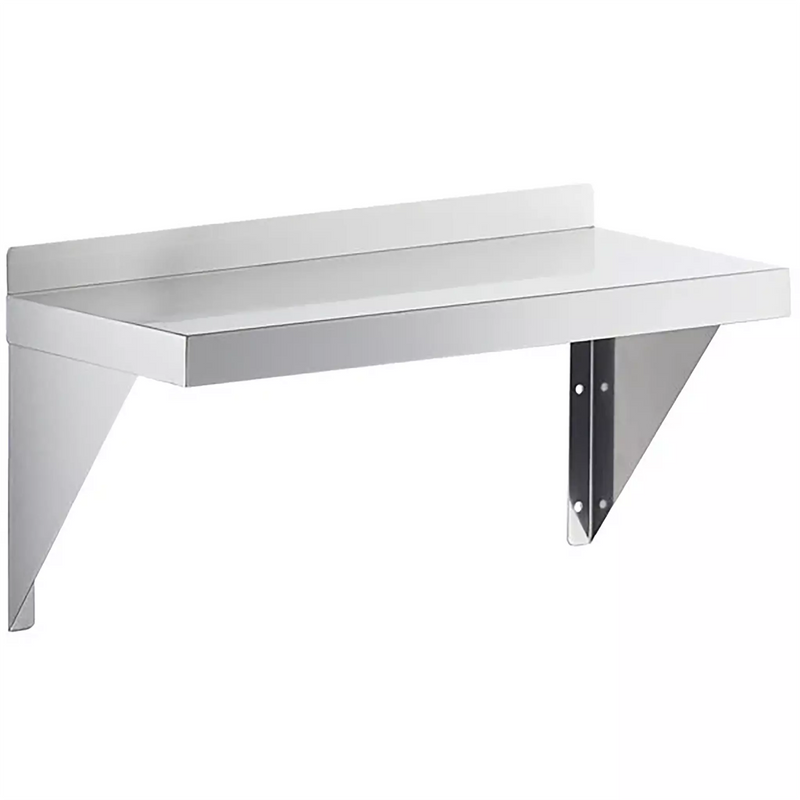 Phoenix stainless steel wall shelf with rear backsplash and triangular brackets, angled front view