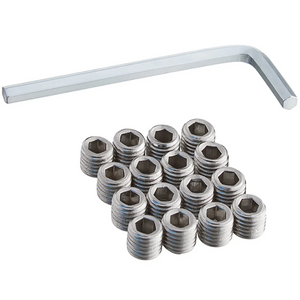 Phoenix TBSCR replacement table set screws, a pile of zinc threaded set screws with a matching silver hex Allen key