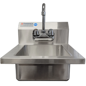 Phoenix WHS14 small wall mounted stainless steel hand sink with backsplash and gooseneck faucet, front view