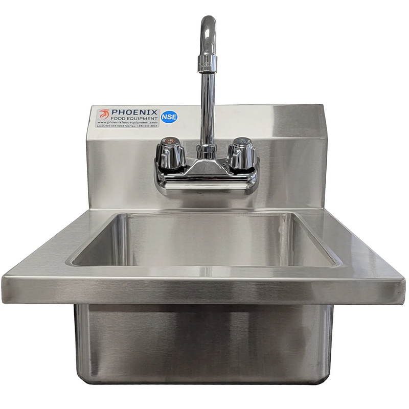 Phoenix WHS14 small wall mounted stainless steel hand sink with backsplash and gooseneck faucet, front view