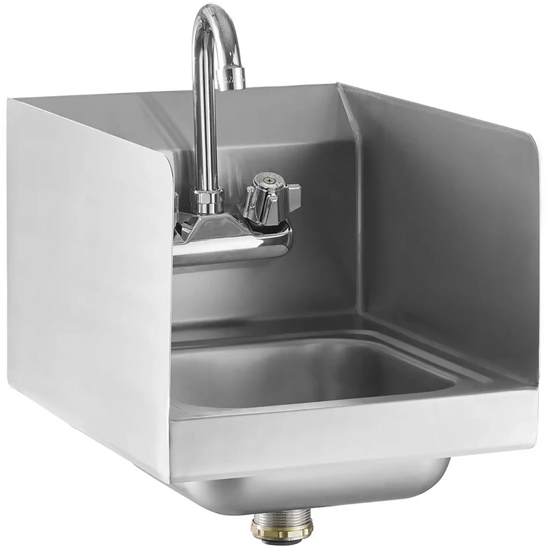 Phoenix WHS14G small wall mounted stainless steel hand sink with side splash guards and gooseneck faucet, angled