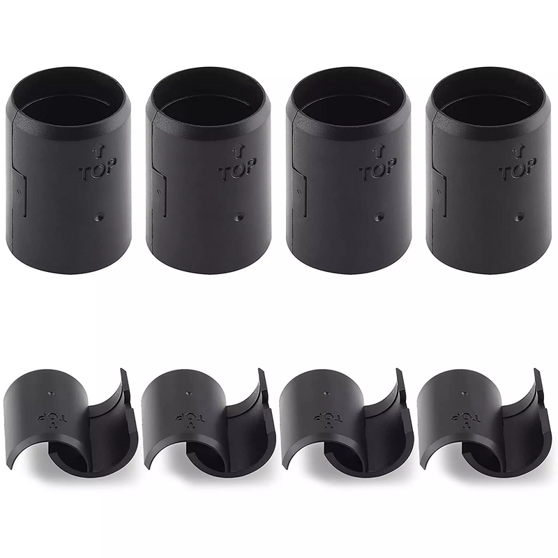 Phoenix WSPC wire shelf plastic clips, set of four black split sleeves shown assembled and opened as halves
