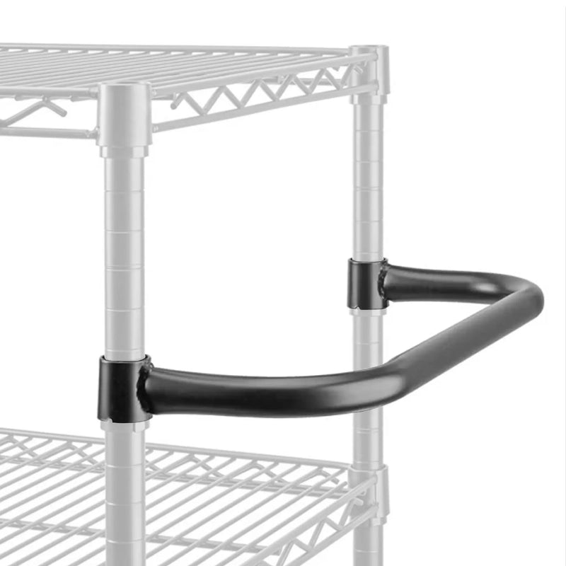 Phoenix black epoxy wire shelving handle, close-up of the curved handle clamped to a shelving post